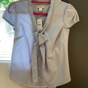 Loft blue and white strip tie neck blouse
